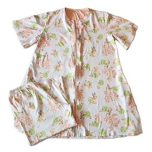 Cuddledown Duster Zip Top & Capri Pants Comfy Stretch Modest Set Floral Womens L